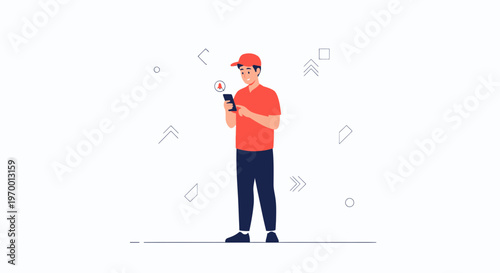 Delivery man checking smartphone with notification of order status and temperature