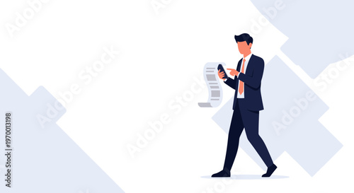 Businessman checking long receipt or list on smartphone while walking