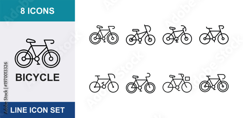 Bicycle line icon set, 8 icons of various bike types in thin stroke style, minimalist cycling transport symbols for web design and mobile apps