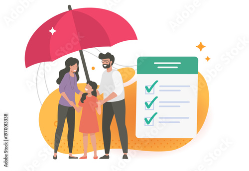 Family life insurance protection coverage plan checklist modern graphic illustration design, people under umbrella as safety security concept, parents health care support assistance shield clip art
