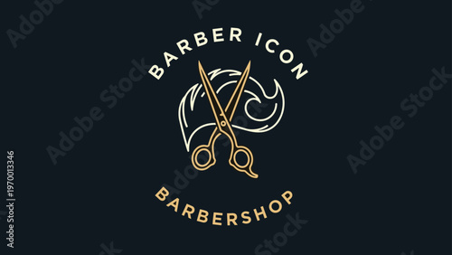 Classic barber icon featuring a pair of sharp scissors and a stylized hair wave with the text barbershop for professional grooming business.