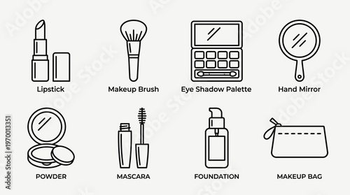 Outlined icons of makeup essentials including lipstick, brush, eye shadow palette, mirror, powder compact, mascara, foundation, and makeup bag, symbolizing cosmetics, beauty, and personal care.