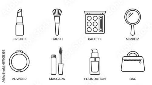 Outlined icons of makeup essentials including lipstick, brush, eye shadow palette, mirror, powder compact, mascara, foundation, and makeup bag, symbolizing cosmetics, beauty, and personal care.