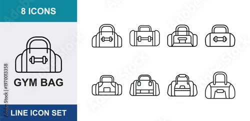 Gym bag line icon set, 8 icons of fitness duffel bags and sports luggage, minimalist black outline vector symbols for workout gear and travel