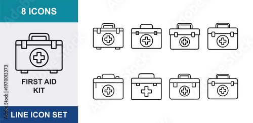 First aid kit line icon set, 8 icons of medical emergency boxes, minimalist healthcare equipment symbols, professional medical bag vector collection