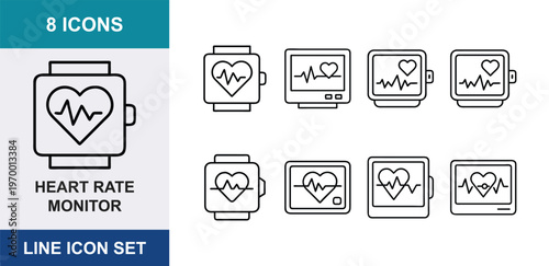Heart rate monitor line icon set, 8 icons of smartwatch and medical pulse display, health tracking technology vector collection for fitness apps