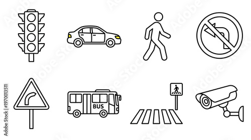 Outlined icons of traffic essentials including light, car, pedestrian, bus, signal, road sign, crossing, and camera, symbolizing urban transportation, road safety, and traffic system management.