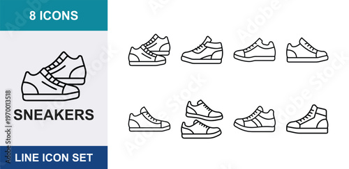 Minimalist sneakers line icon set, 8 athletic footwear vector elements, modern sports shoes outline collection for fashion and retail apps
