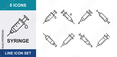 Medical syringe line icon set, 8 icons of hypodermic needles for vaccination and injection, black outline medical syringe vector collection