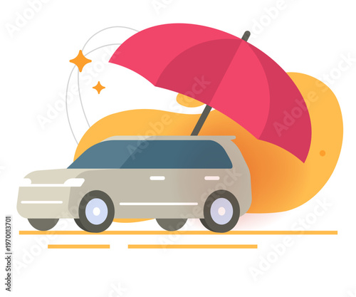 Car vehicle insurance protection icon vector modern graphic illustration, auto covered via red umbrella as safety security service concept, automobile shield care cartoon 3d drawn clip art
