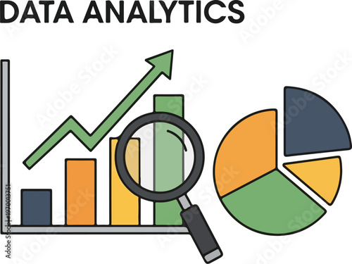 Data Analytics and Business Intelligence with Charts and Magnifying Glass