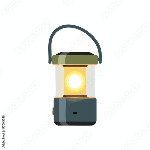 A portable, battery-powered camping lantern with a glowing light and a carrying handle