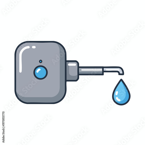 Gray dispenser with blue button; nozzle dispenses a single blue water drop