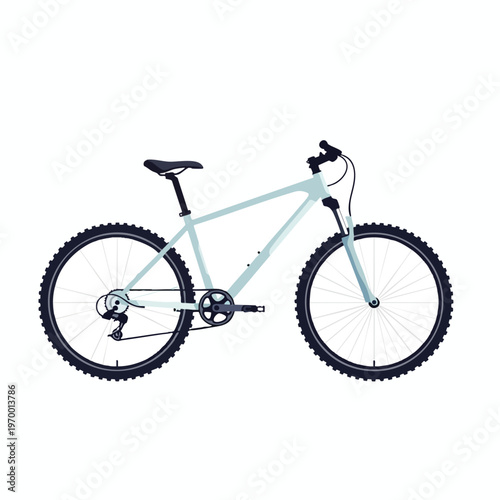 Light blue mountain bicycle with knobby tires, suspension fork, and gears on white background