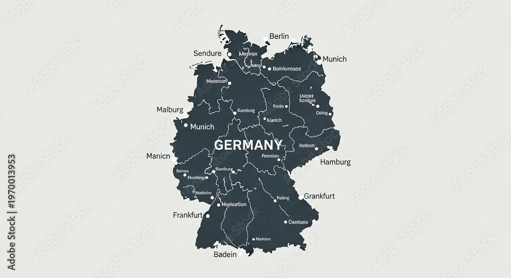 Naklejka premium Detailed map of Germany showing federal states and major cities labeled clearly in white, presented in a minimalist, modern, and flat design style against a neutral background.