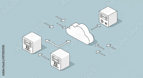 Isometric illustration of cloud computing concept with servers and data transfer.