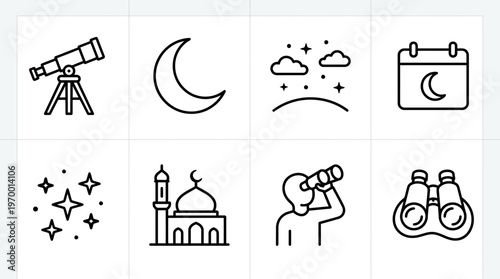 Outlined icons of astronomy and observation essentials including telescope, crescent moon, night sky, calendar, stars, mosque, observers, and binoculars, symbolizing celestial study and cultural conne