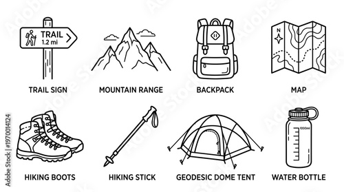 Outlined icons of hiking and camping essentials including trail sign, mountain range, backpack, map, boots, hiking stick, geodesic dome tent, and water bottle, symbolizing outdoor adventure and explor