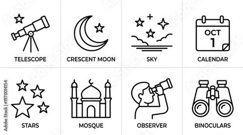 Outlined icons of astronomy and observation essentials including telescope, crescent moon, night sky, calendar, stars, mosque, observers, and binoculars, symbolizing celestial study and cultural conne