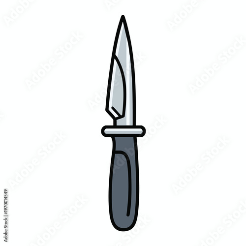 Detailed illustration of a sharp, pointed knife with a grey handle and metal blade