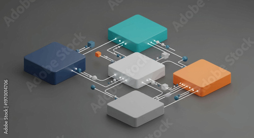 Colorful 3D blocks connected by lines.