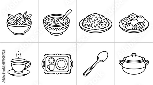 Outlined icons of food and dining essentials including vegetables bowl, soup, rice pot, plate, tea cup, tea set, spoon, and cooking pot, symbolizing cooking, serving, and culinary traditions.