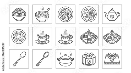 Outlined icons of food and dining essentials including vegetables bowl, soup, rice pot, plate, tea cup, tea set, spoon, and cooking pot, symbolizing cooking, serving, and culinary traditions.