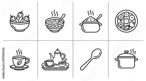 Outlined icons of food and dining essentials including vegetables bowl, soup, rice pot, plate, tea cup, tea set, spoon, and cooking pot, symbolizing cooking, serving, and culinary traditions.