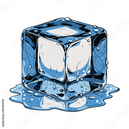 Blue ice cube is melting surrounded by water puddle and dripping drops, isolated on white background. Vector illustration.