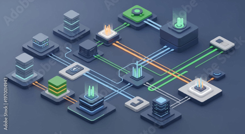A network of interconnected digital servers and data centers with glowing connections.