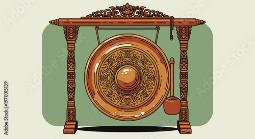 Vintage ornate gong with wooden stand and mallet