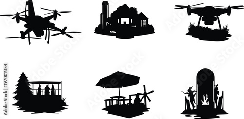 Agriculture drone technology silhouette set, smart farming equipment icons, rural house barn, outdoor campfire, summer patio furniture, modern industrial drone vector,
