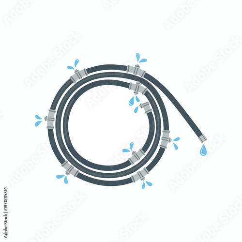 Dark hose coiled, with leaks and water droplets spraying from connections
