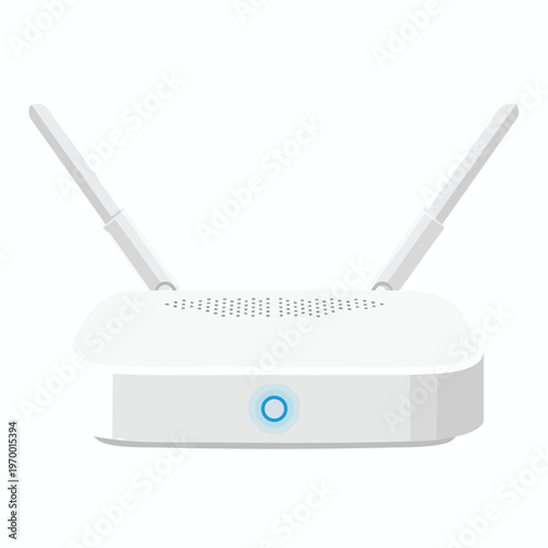 A sleek, white wireless router with two antennas and a glowing blue indicator light