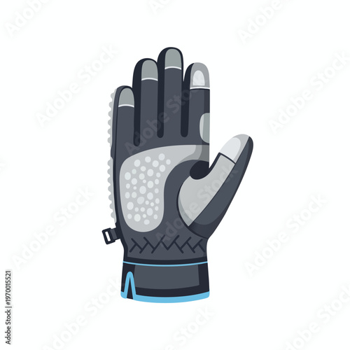 A dark gray winter glove with light gray accents and a blue cuff is shown