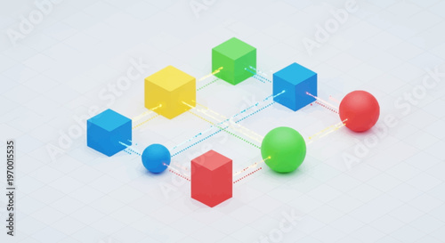 Colorful 3D shapes connected by lines.