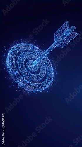 Digital target with an arrow hits the bullseye, concept of precision, accuracy, and achievement in a futuristic digital environment. ..Created with Generative AI, not depicting real subjects.