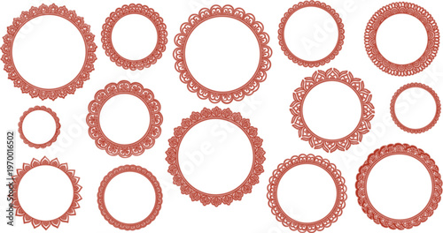 Slika na platnu Red decorative circular frames set with intricate lace borders, ornamental flora