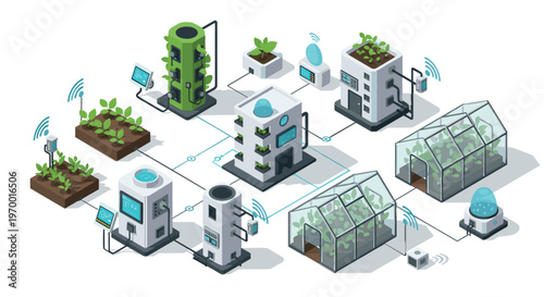 Smart agriculture isometric composition with IoT greenhouse systems, automated farming equipment, connected sensors and modern precision farming technology illustration