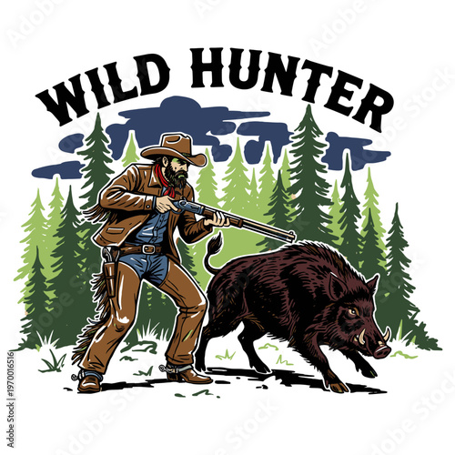 Wild hunter vintage artwork for t-shirt.. Cowboy hunting wild boar design.. Western graphic print.. Forest adventure illustration.. Rodeo style artwor