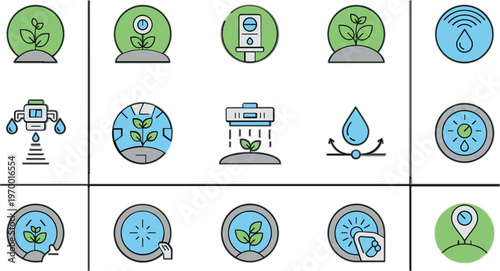 Smart irrigation and agriculture icons set with water management symbols, plant care elements and modern farming technology line design for eco systems