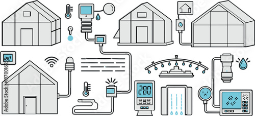 Smart greenhouse automation system with connected sensors, climate control devices and IoT farming technology line icons for modern agriculture monitoring solutions