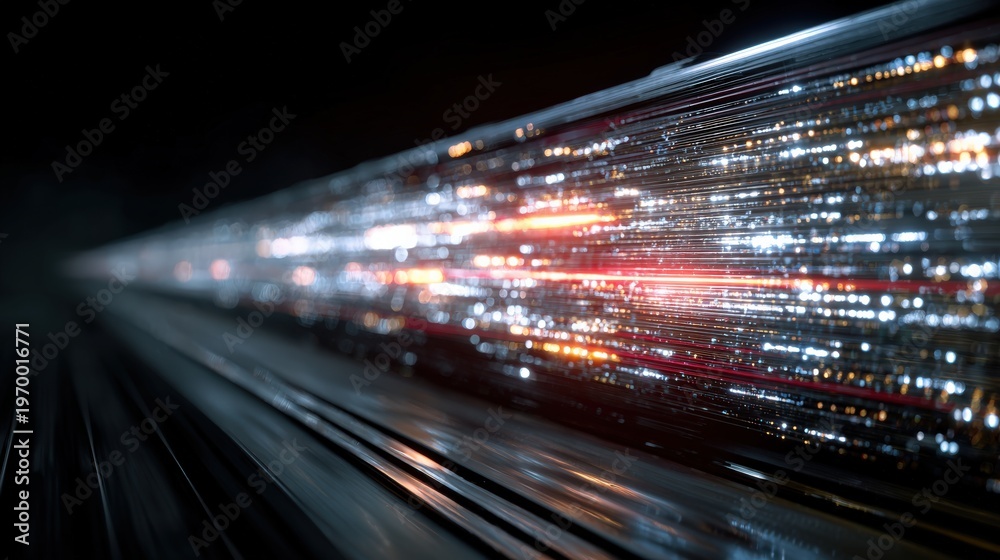 Obraz premium A dynamic stream of data pulses vividly, embodying the essence of high-speed connectivity. Captured in a striking, blurred motion. ..Created with Generative AI, not depicting real subjects.