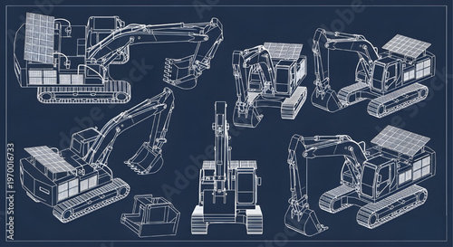 Solar Excavator AutoCAD Blueprint Vector – Green Energy Construction Machinery Multi View Technical Drawing White Outline on Dark Blue