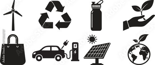 Comprehensive collection of black ecology icons featuring renewable energy solar panels wind turbines electric cars and recycling symbols plus reusable bags and water bottles 