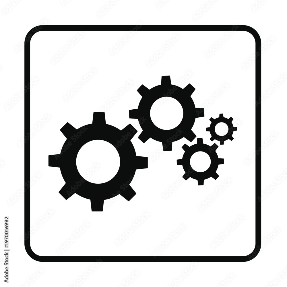 Fototapeta premium Set of interlocking black gears symbolizing industrial process and mechanical connection within a rounded square frame