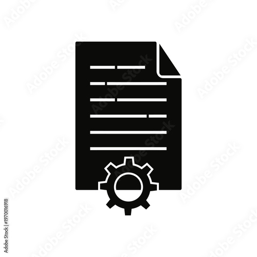 Black icon representing document processing with a gear mechanism for automation or configuration