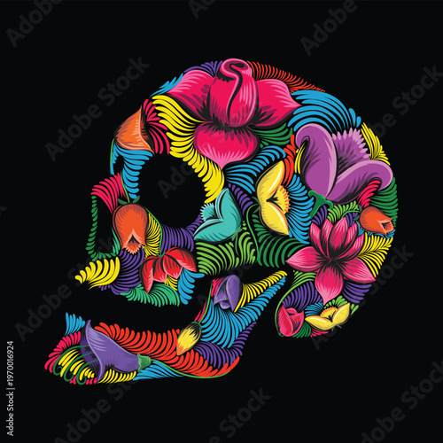 Vibrant skull illustration with traditional Bengali rickshaw painting floral motifs. Ethnic folk art style for Pohela Boishakh, Day of the Dead, and artistic apparel design. Artistic Editable Vector.