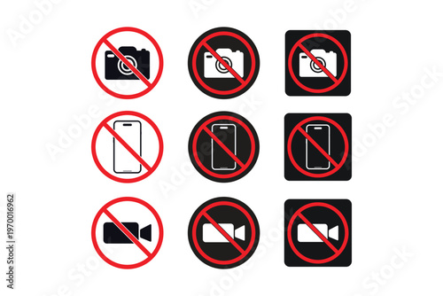 Collection of prohibition signs for cameras phones and video cameras in various styles