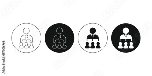 Four different stylized organizational chart icons representing management and hierarchy structures